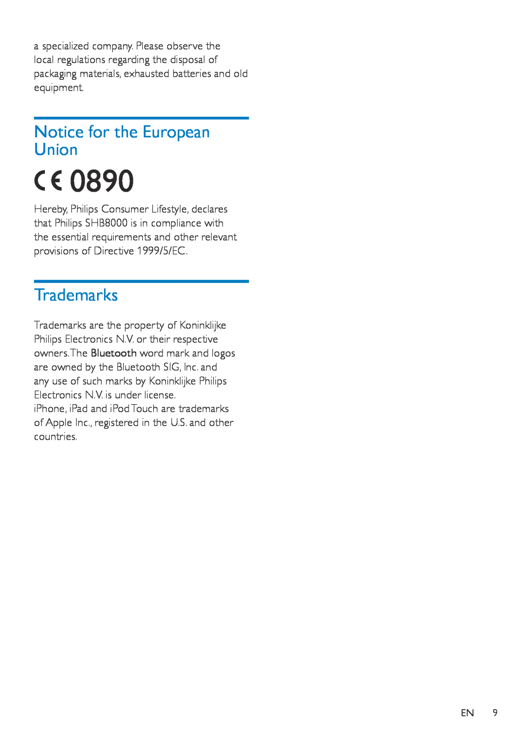Philips SHB8000 user manual Notice for the European Union, Trademarks, 0890 