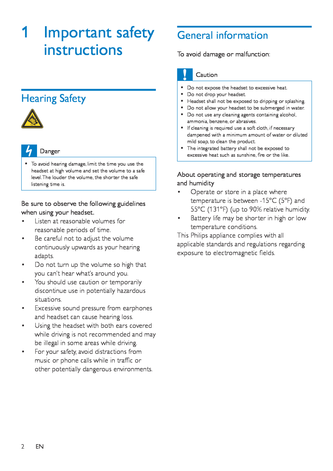 Philips SHB8000 user manual 1Important safety instructions, Hearing Safety, General information 