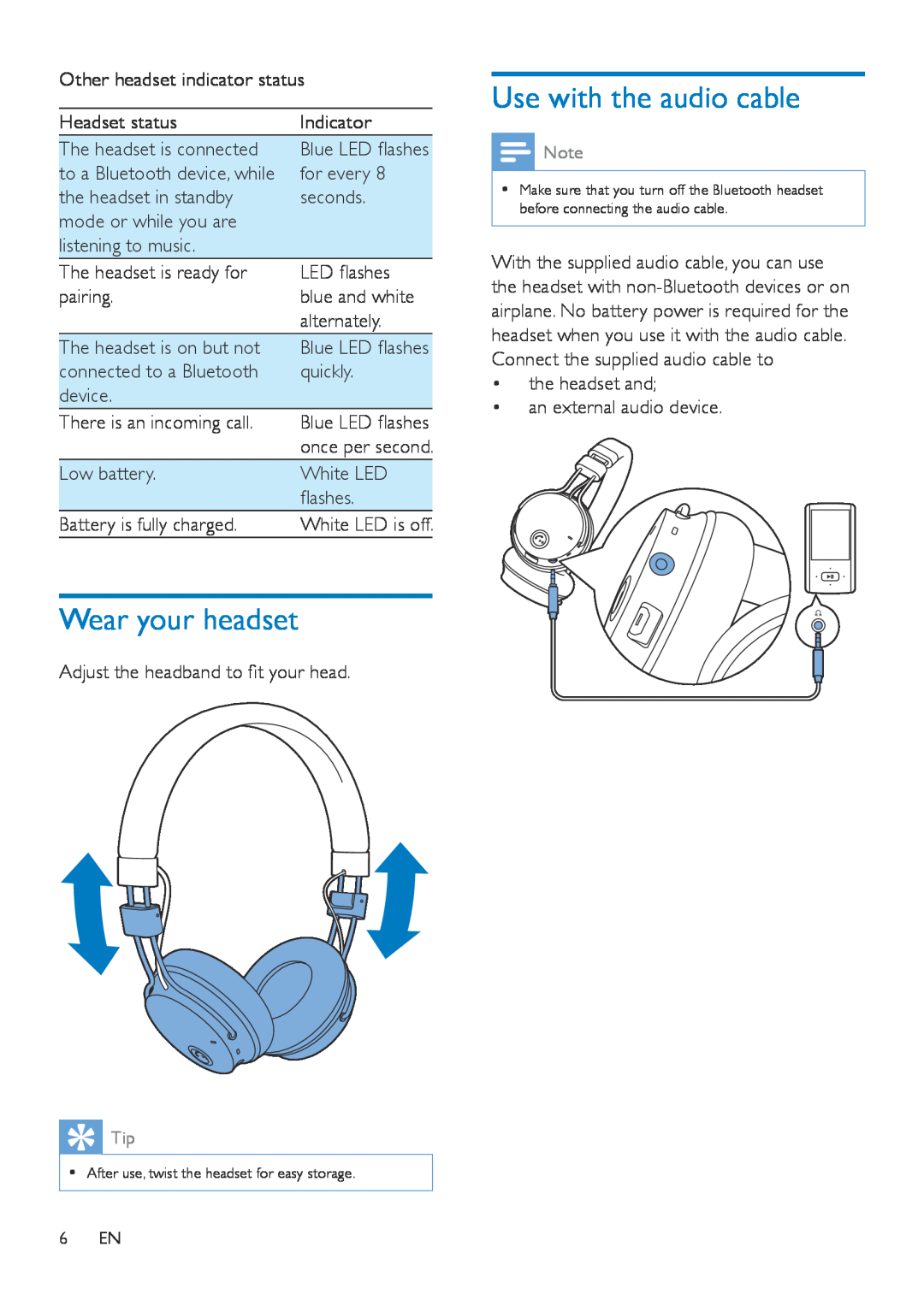 Philips SHB8000 user manual Wear your headset, Use with the audio cable 