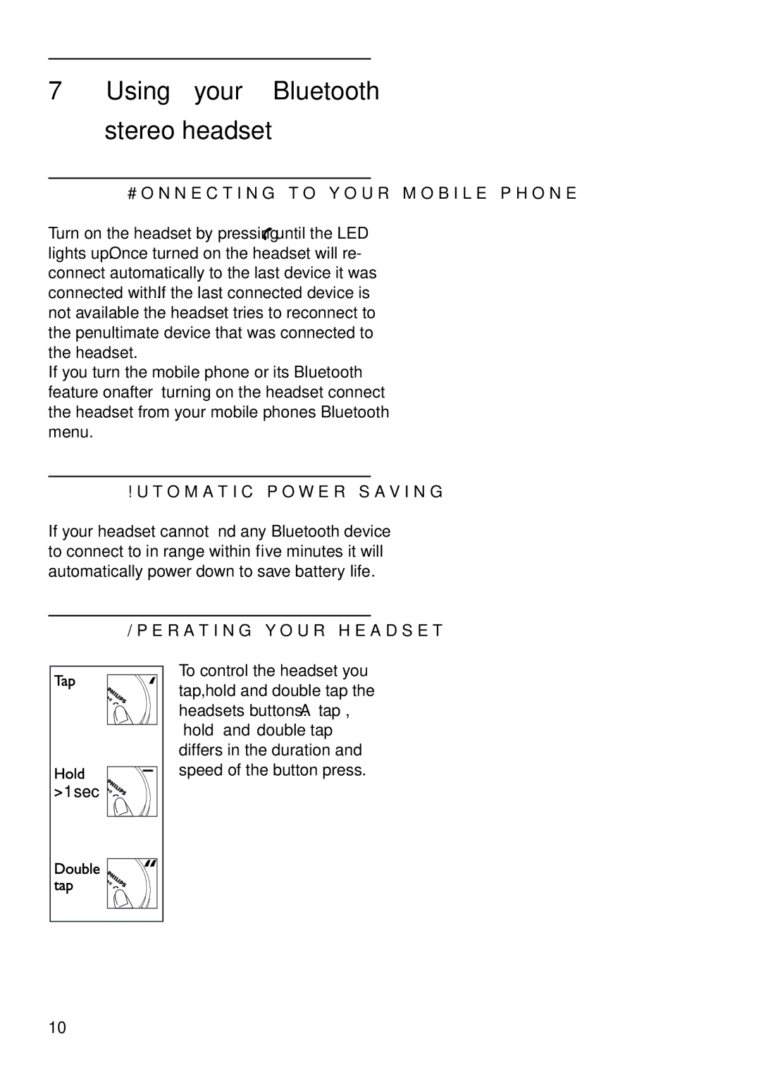 Philips SHB9000 manual Using your Bluetooth stereo headset, Connecting to your mobile phone, Automatic power saving 