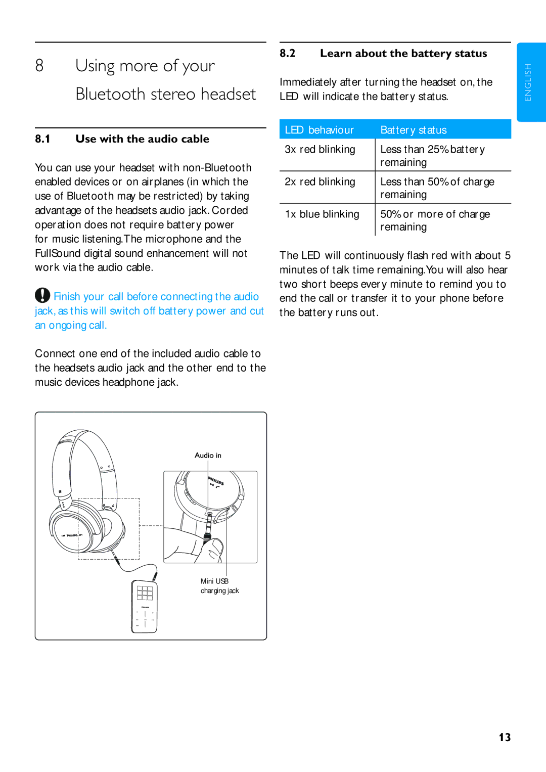 Philips SHB9000 manual Use with the audio cable, Learn about the battery status 