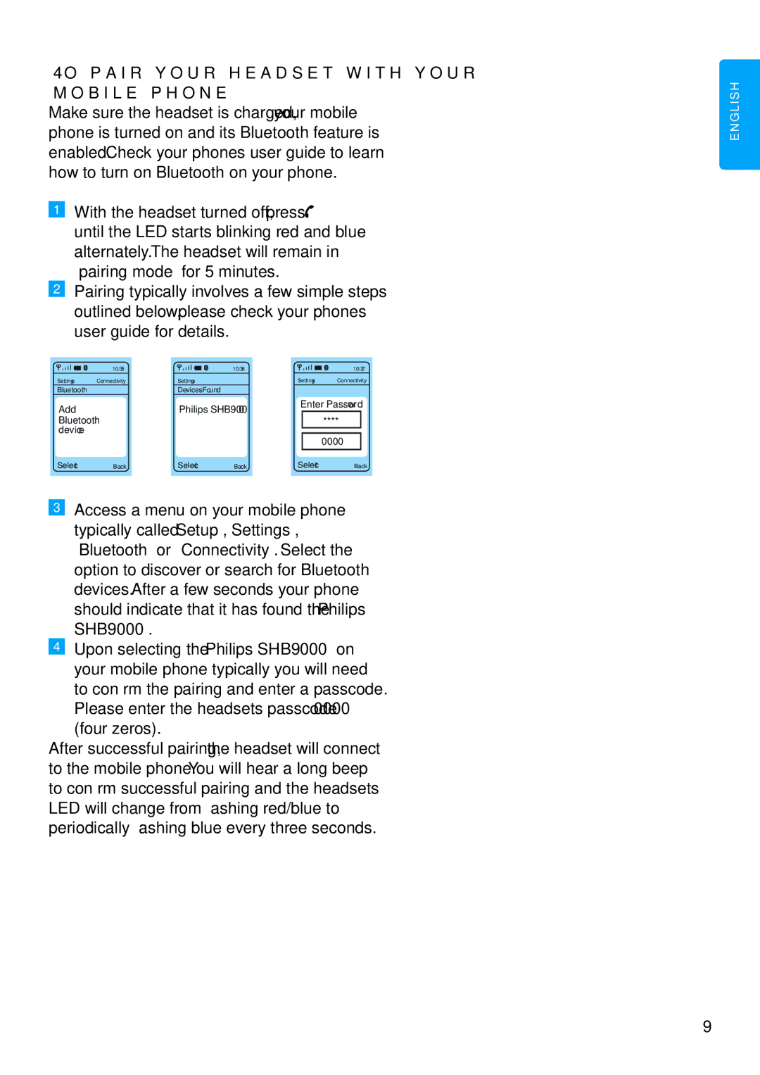 Philips SHB9000 manual To pair your headset with your mobile phone 