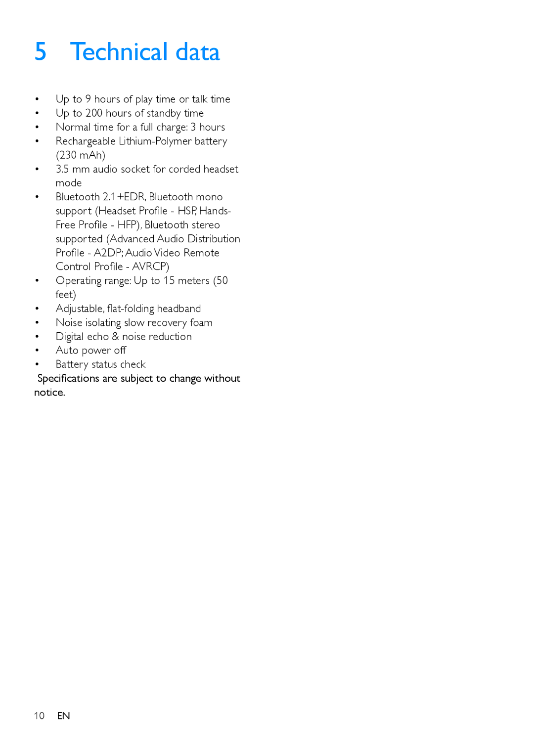 Philips SHB9100 user manual Technical data 