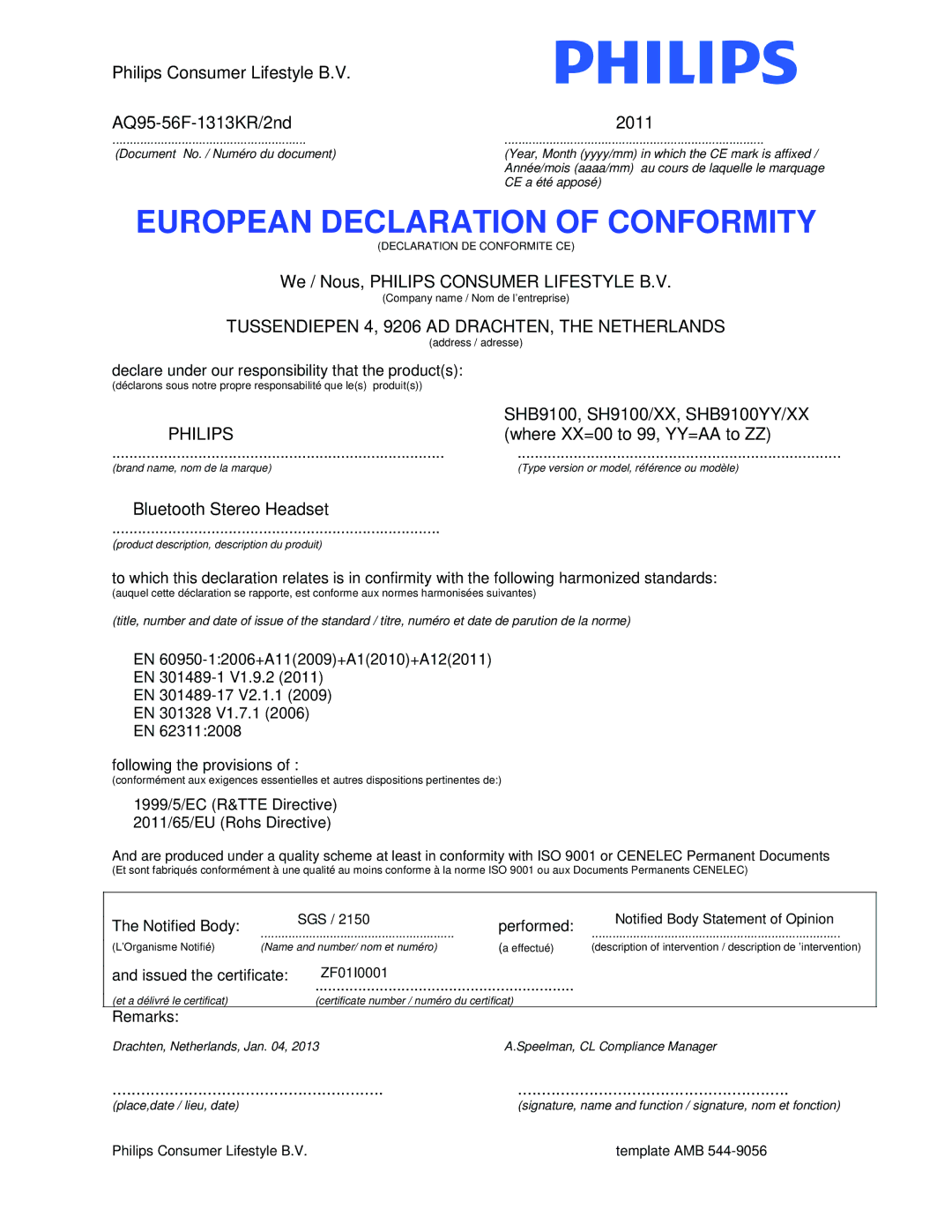 Philips SHB9100 user manual Sgs, ZF01I0001, Philips Consumer Lifestyle B.V Template AMB 