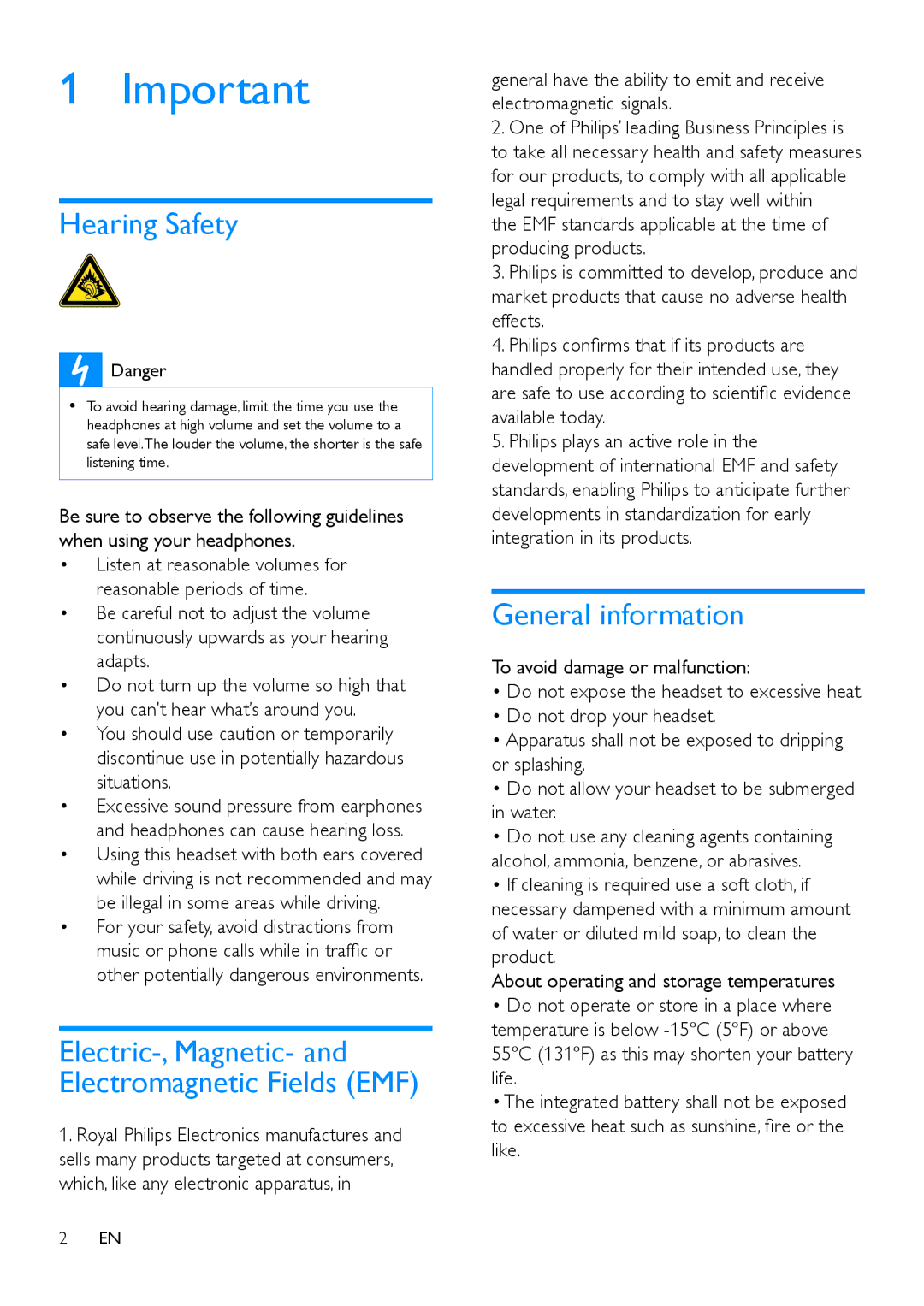 Philips SHB9100 user manual Hearing Safety, General information 