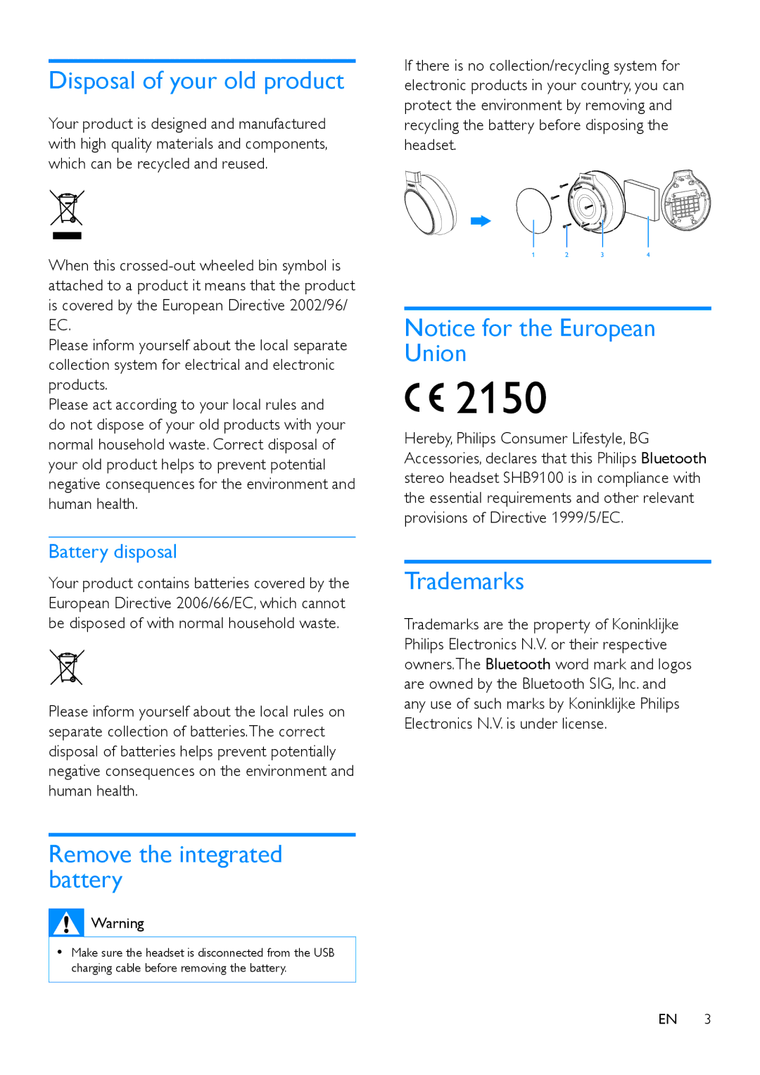 Philips SHB9100 user manual Disposal of your old product, Remove the integrated battery, Trademarks 