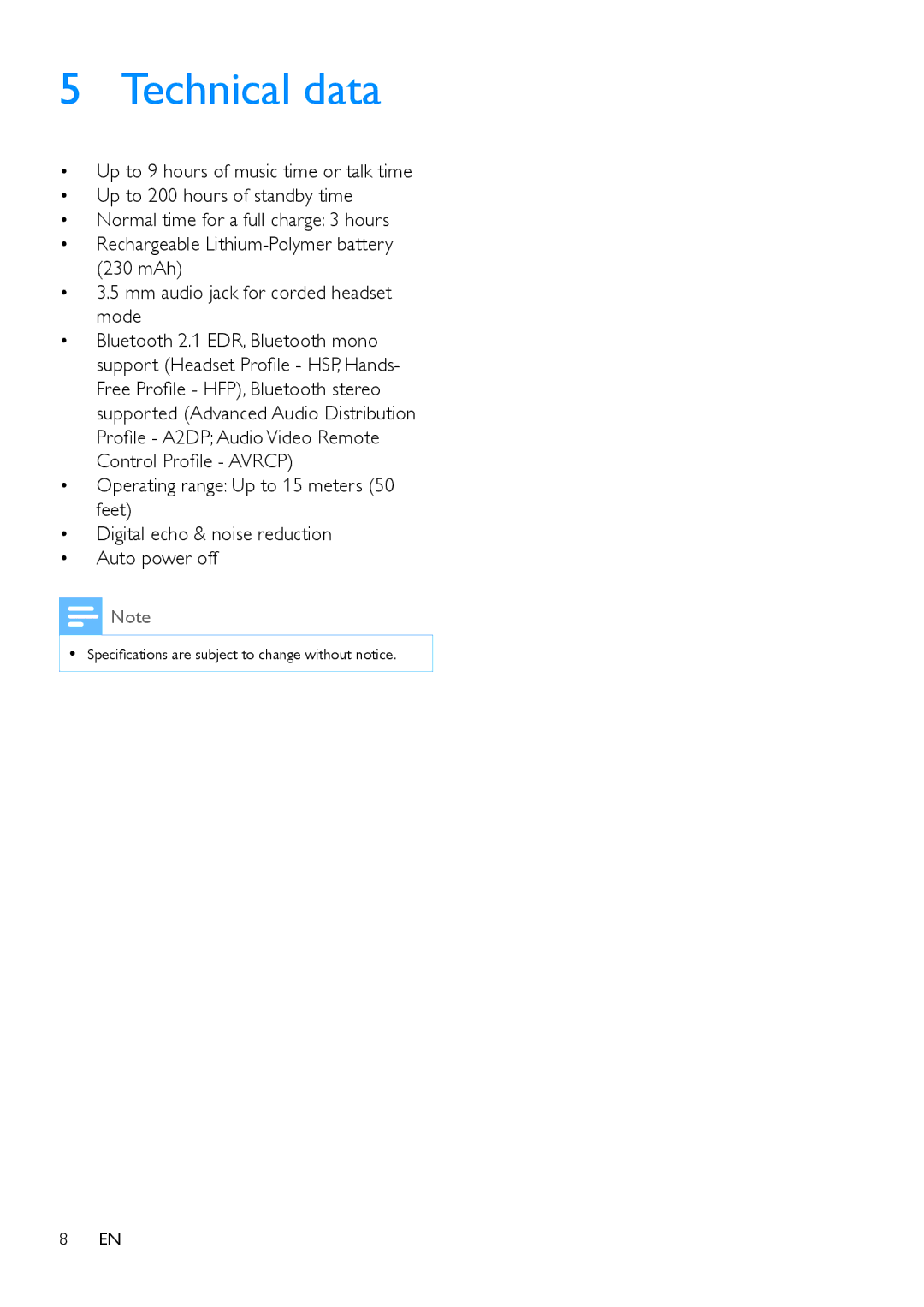 Philips SHB9150 user manual Technical data 