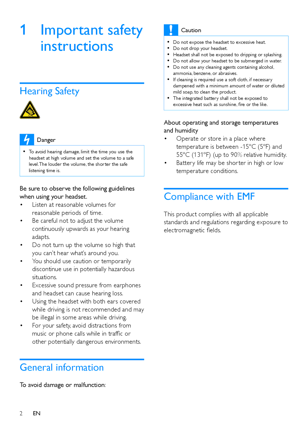 Philips SHB9150 user manual Hearing Safety, General information, Compliance with EMF, To avoid damage or malfunction 