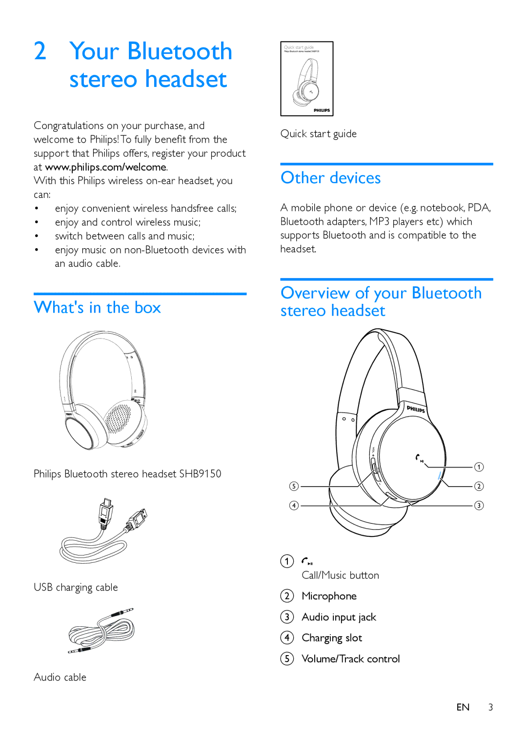 Philips SHB9150 user manual Whats in the box, Other devices, Overview of your Bluetooth stereo headset 