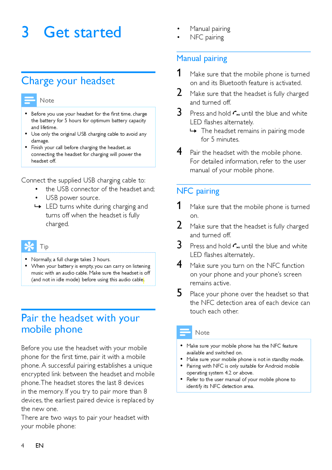 Philips SHB9150 Get started, Charge your headset, Pair the headset with your mobile phone, Manual pairing, NFC pairing 