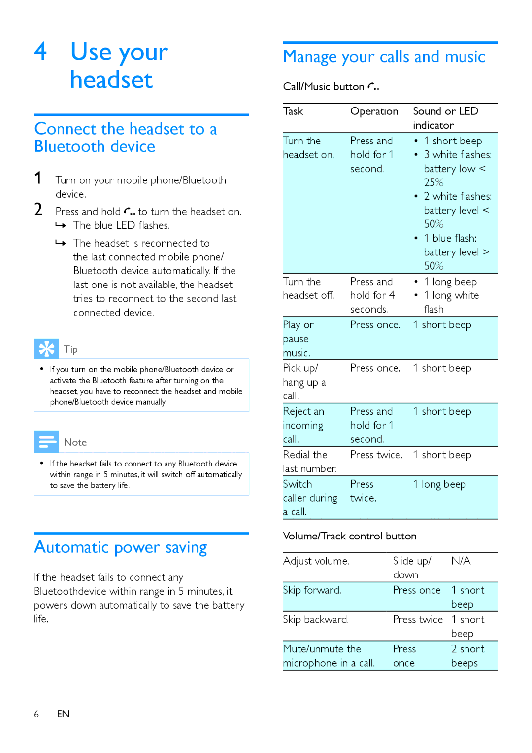 Philips SHB9150 user manual Connect the headset to a Bluetooth device, Automatic power saving, Manage your calls and music 