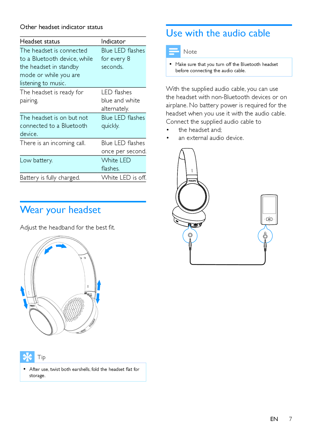 Philips SHB9150 user manual Wear your headset, Use with the audio cable 