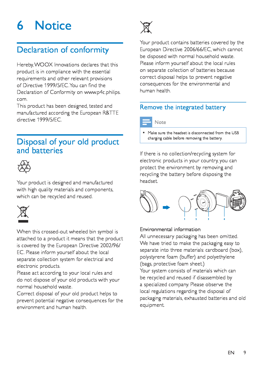 Philips SHB9150 Declaration of conformity, Disposal of your old product and batteries, Remove the integrated battery 