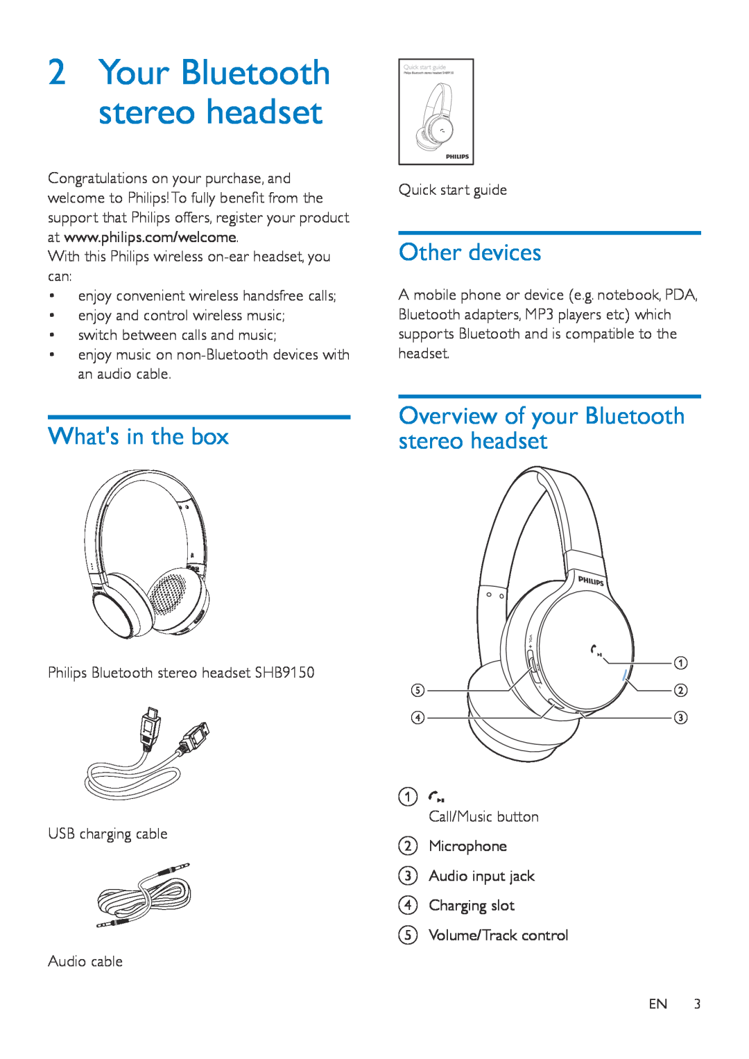 Philips SHB9150 2Your Bluetooth stereo headset, Whats in the box, Other devices, Overview of your Bluetooth stereo headset 