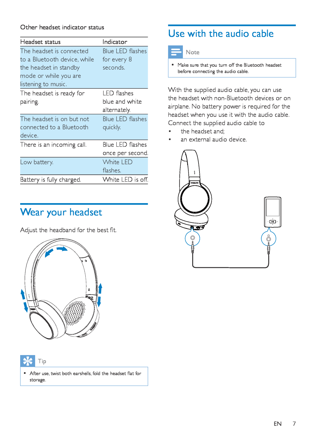 Philips SHB9150 user manual Wear your headset, Use with the audio cable 