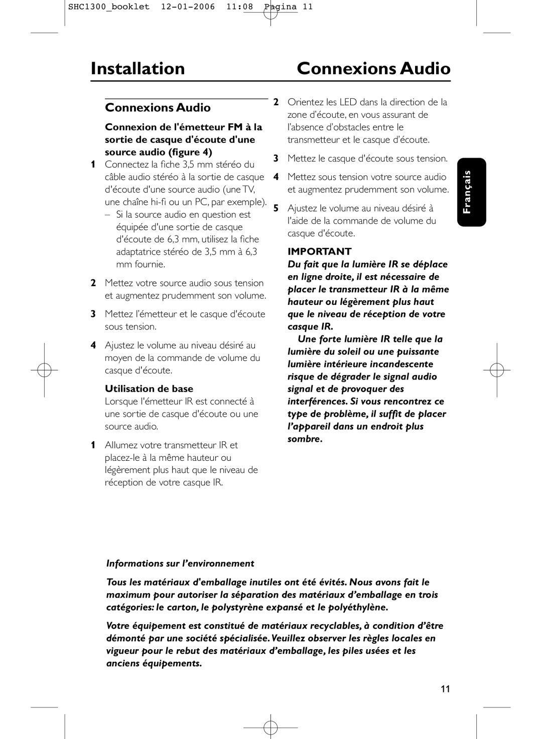 Philips SHC1300 manual Connexions Audio 