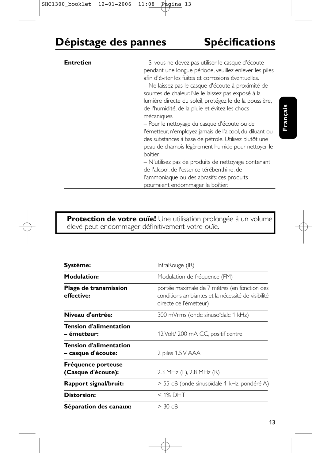 Philips SHC1300 Spéciﬁcations, Entretien, Effective, Directe de l’émetteur, Distorsion DHT Séparation des canaux 30 dB 