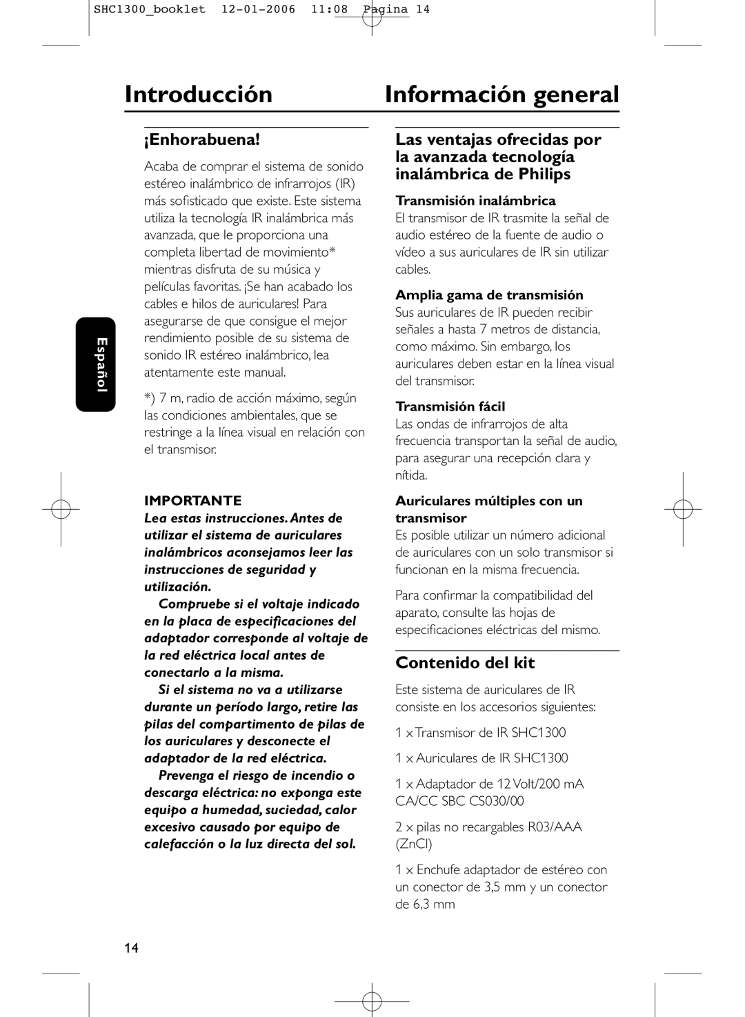 Philips SHC1300 manual Introducción Información general, ¡Enhorabuena, Contenido del kit 