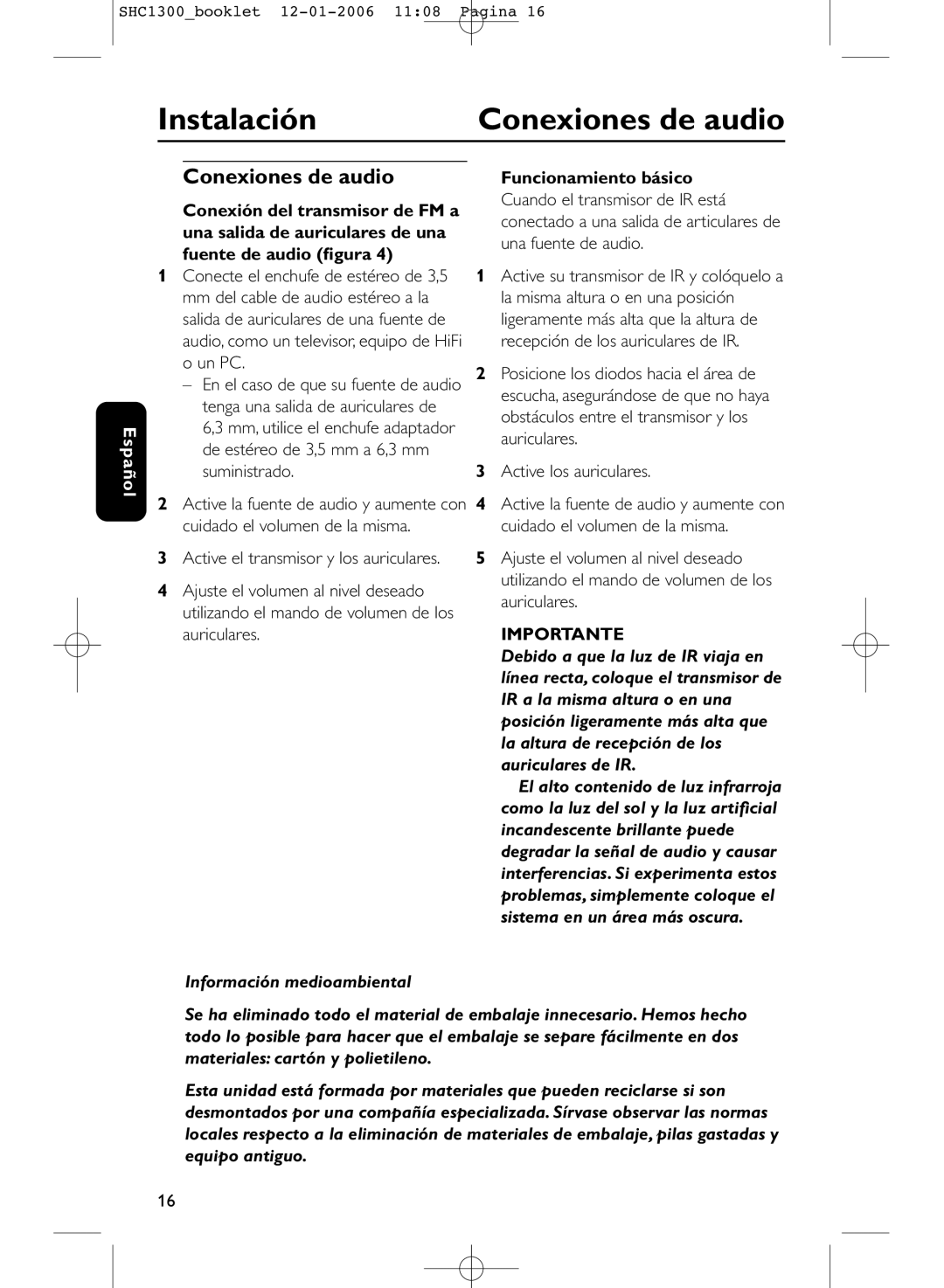 Philips SHC1300 manual Instalación, Conexiones de audio, Información medioambiental 