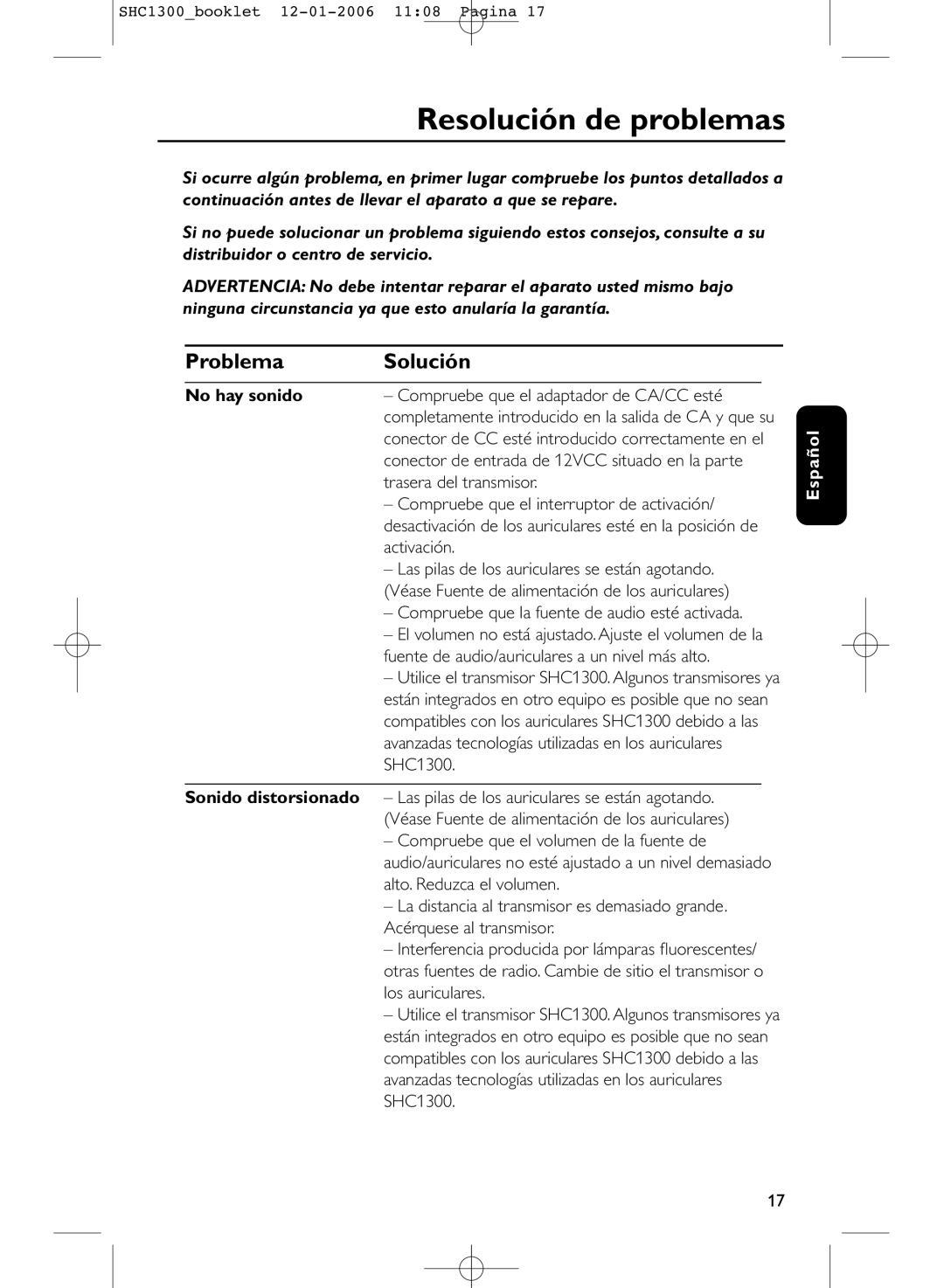 Philips SHC1300 manual Resolución de problemas, Problema Solución, No hay sonido 