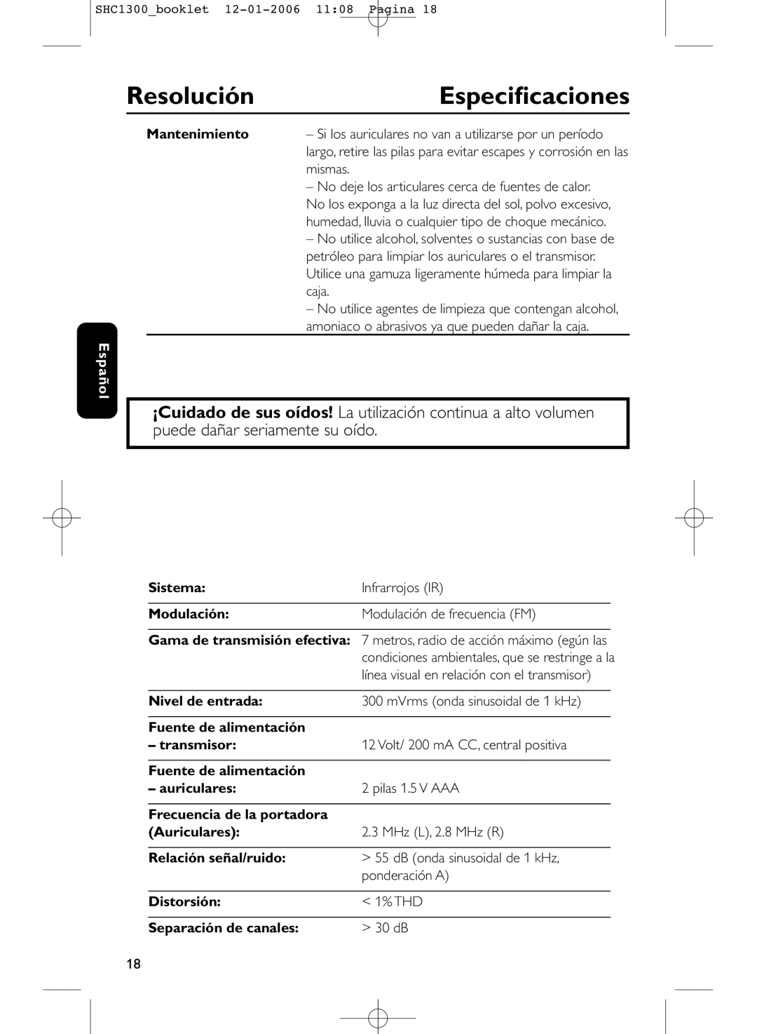 Philips SHC1300 manual Resolución, Especiﬁcaciones, Mantenimiento, Nivel de entrada 