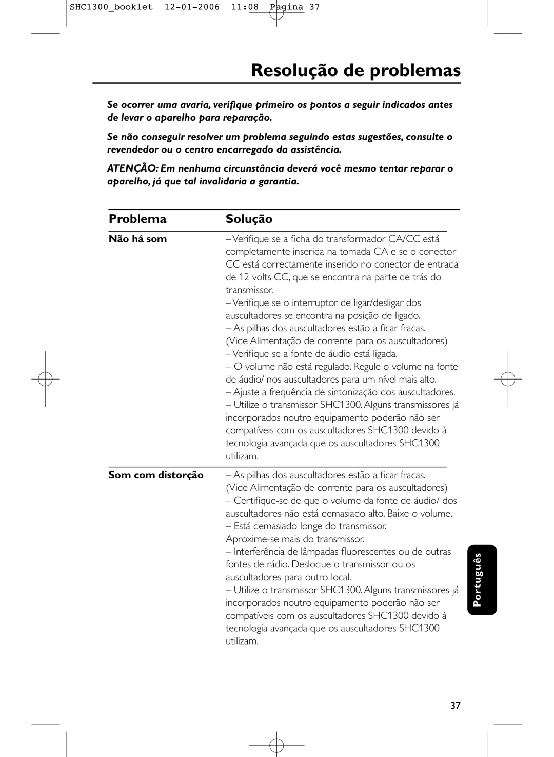 Philips SHC1300 manual Resolução de problemas, Problema Solução, Não há som 