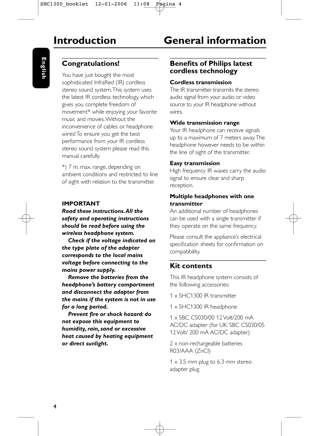 Philips SHC1300 manual Introduction General information, Congratulations, Kit contents 