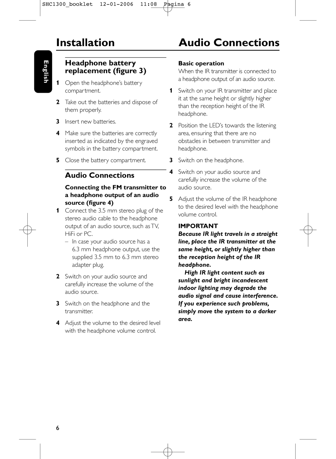 Philips SHC1300 manual Installation, Audio Connections, Headphone battery replacement ﬁgure, Basic operation 