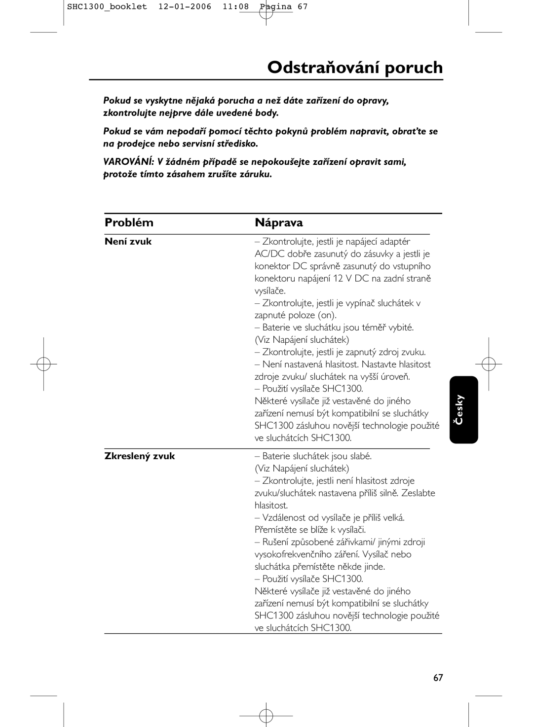 Philips SHC1300 manual Odstraňování poruch, Problém Náprava, Není zvuk, Zkreslený zvuk 