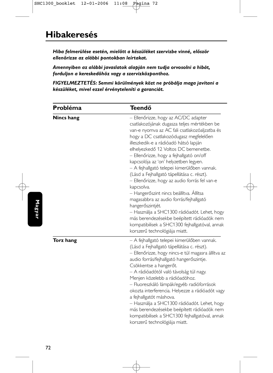 Philips SHC1300 manual Hibakeresés, Probléma Teendő, Nincs hang, Torz hang 