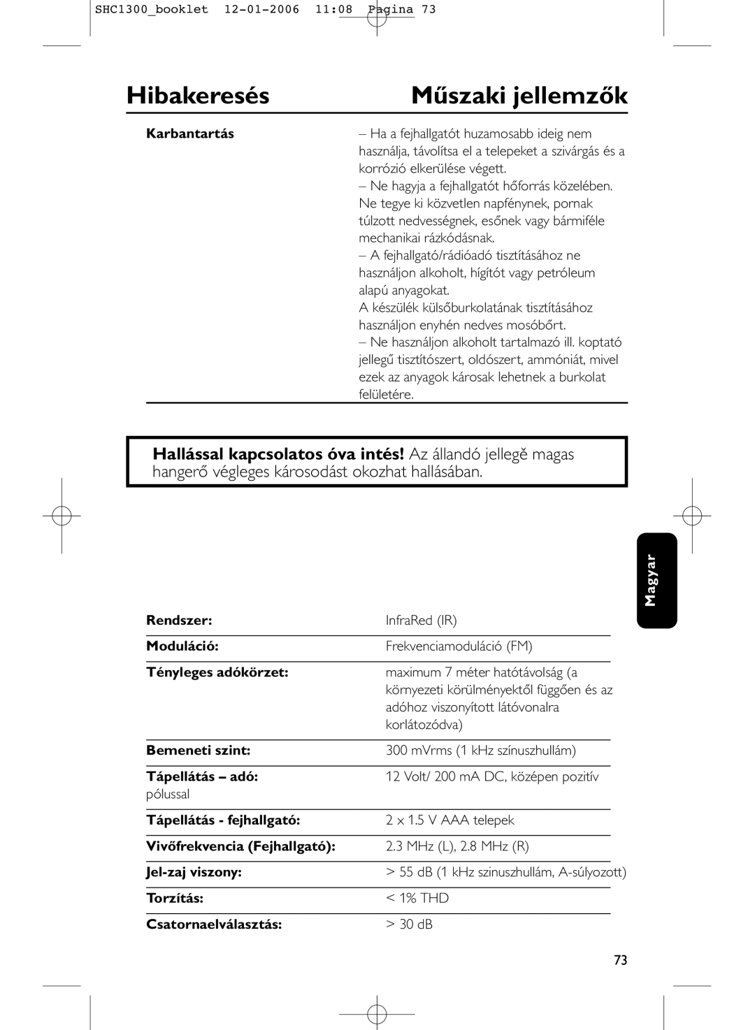 Philips SHC1300 manual Hibakeresés Műszaki jellemzők 