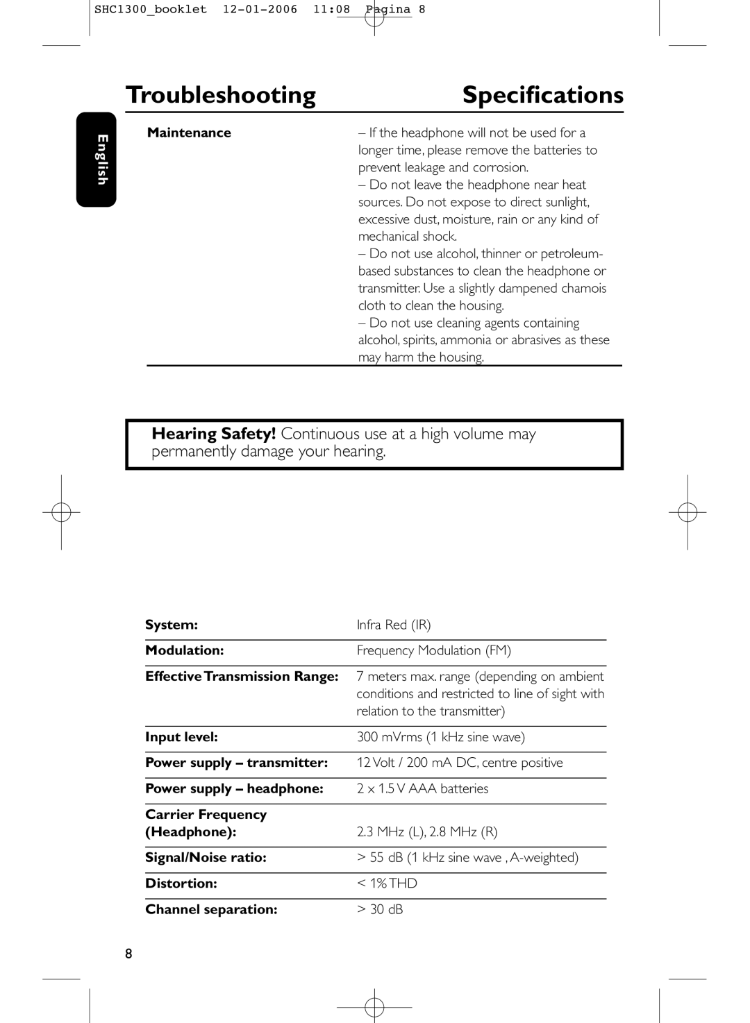 Philips SHC1300 manual Speciﬁcations, Maintenance, Relation to the transmitter 