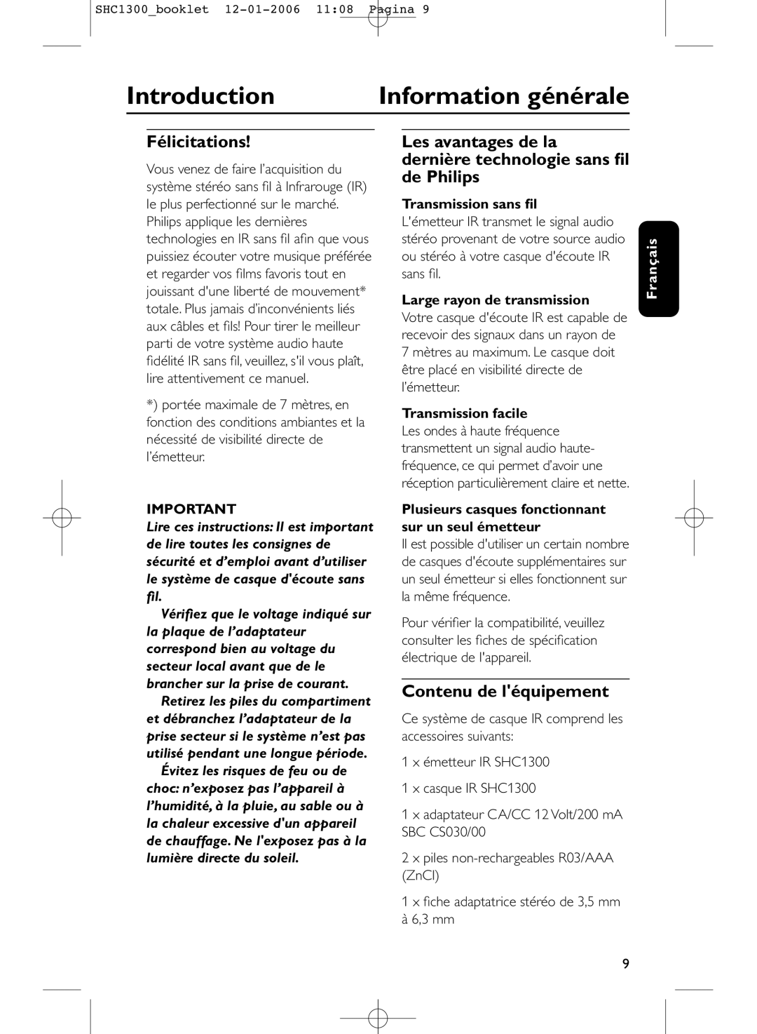 Philips SHC1300 manual Introduction Information générale, Félicitations, Contenu de léquipement 