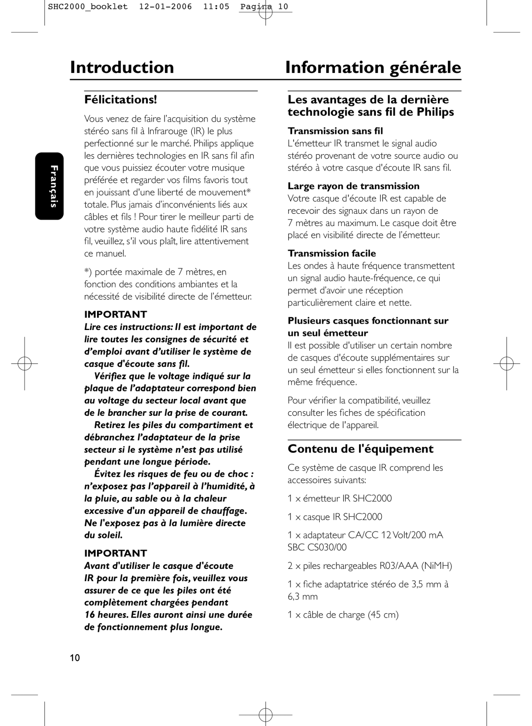 Philips SHC2000 manual Introduction Information générale, Félicitations, Contenu de léquipement 