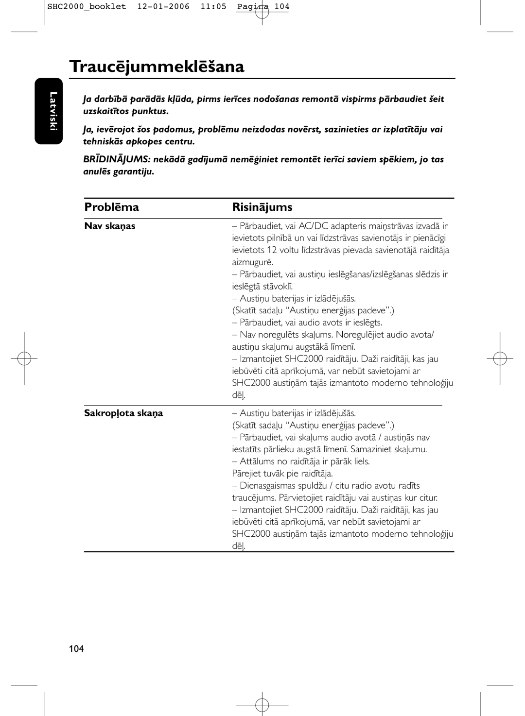 Philips SHC2000 manual Traucējummeklēšana, Problēma Risinājums, Nav skaņas, Sakropļota skaņa 