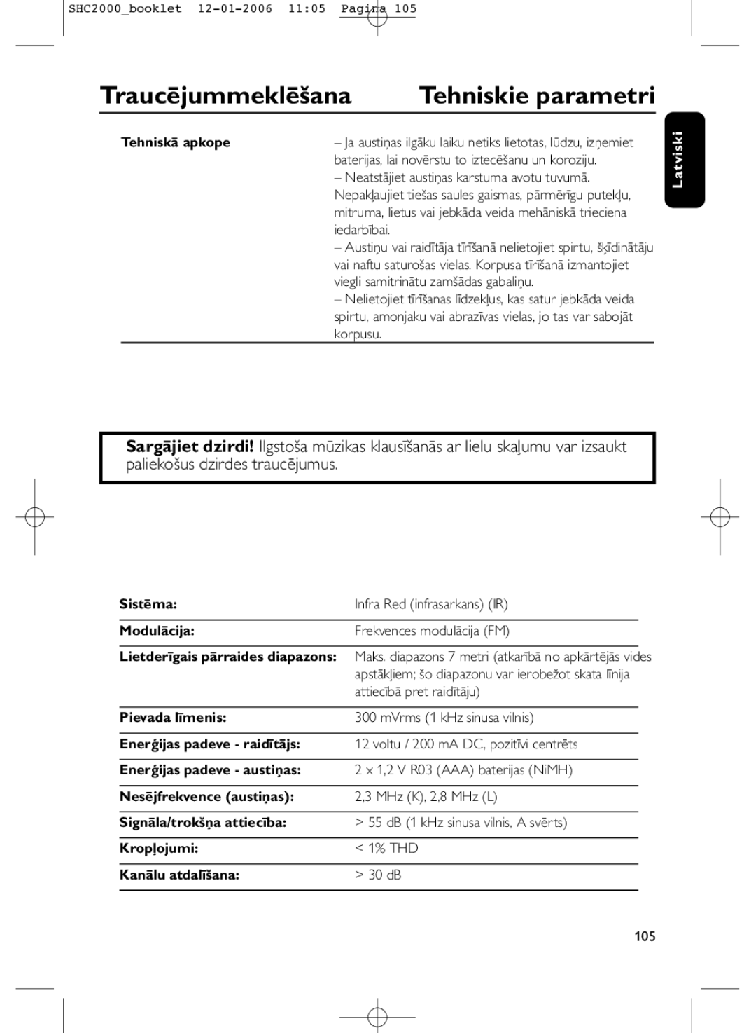 Philips SHC2000 manual Traucējummeklēšana Tehniskie parametri, Tehniskā apkope, Attiecībā pret raidītāju 