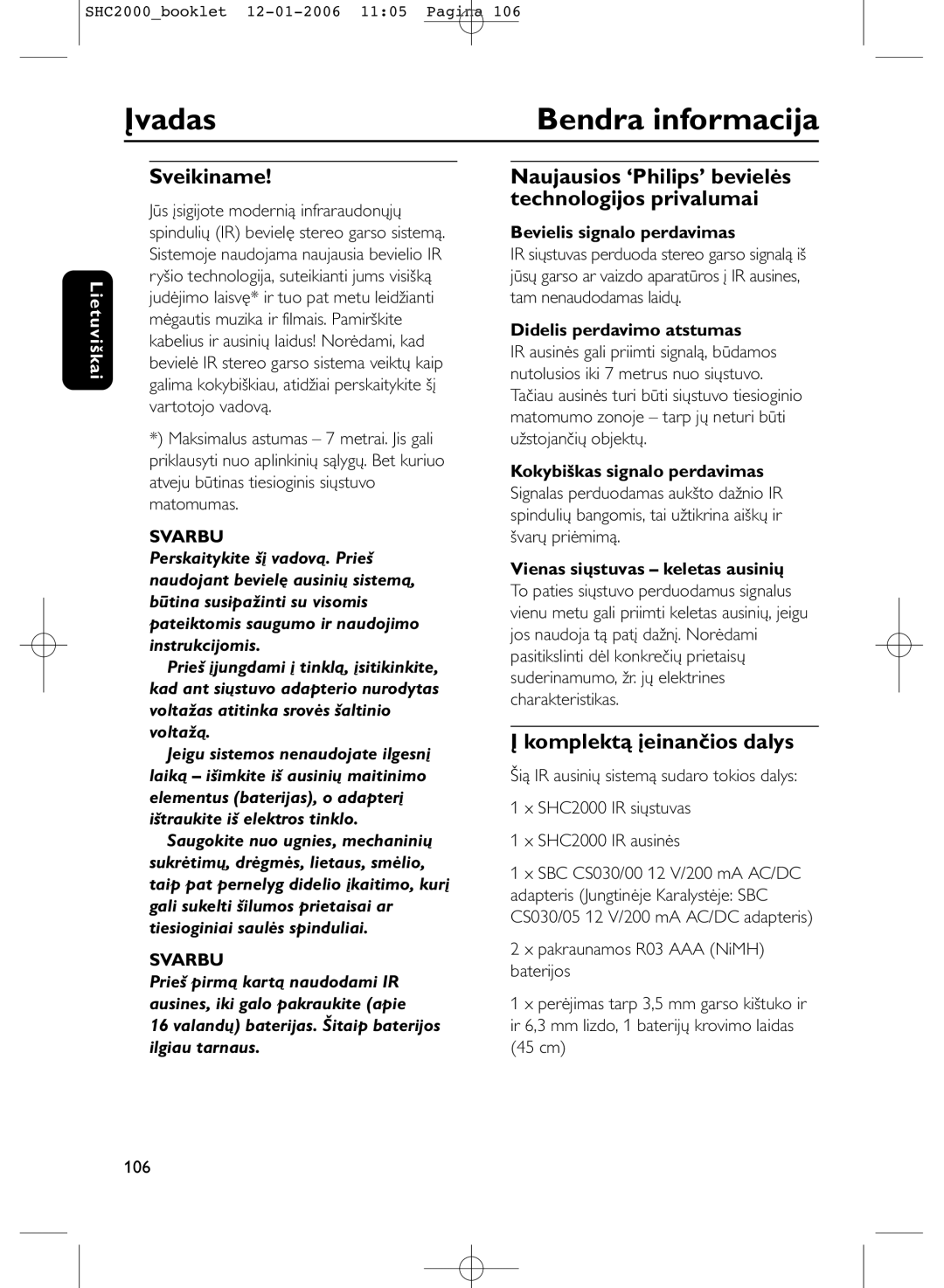 Philips SHC2000 manual Įvadas Bendra informacija, Sveikiname, Komplektą įeinančios dalys 