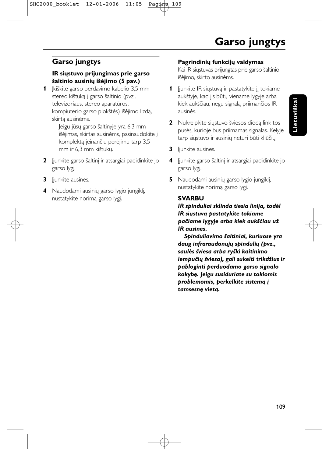 Philips SHC2000 manual Garso jungtys, Pagrindinių funkcijų valdymas, 109 