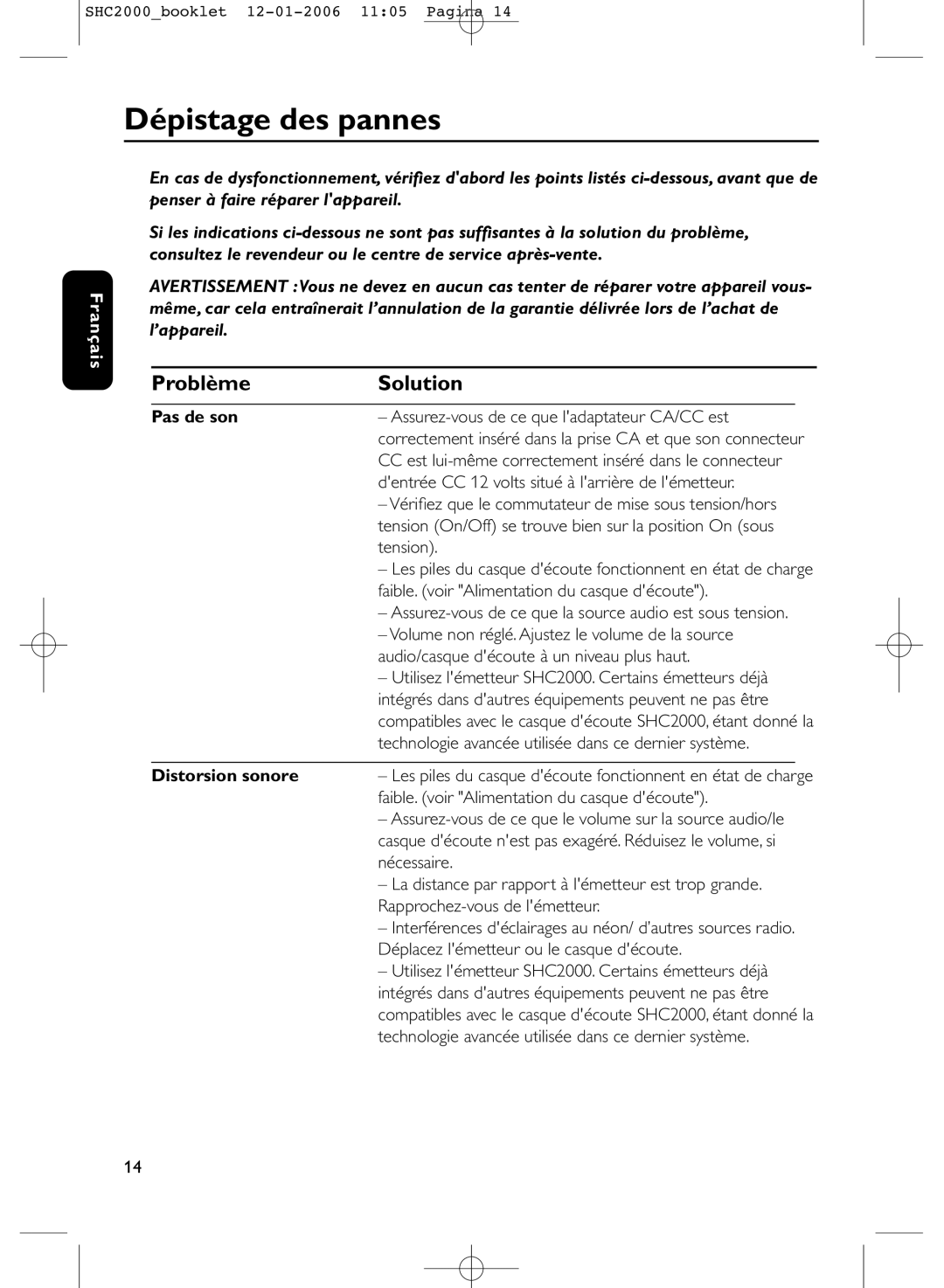 Philips SHC2000 manual Dépistage des pannes, Problème Solution, Pas de son, Distorsion sonore 