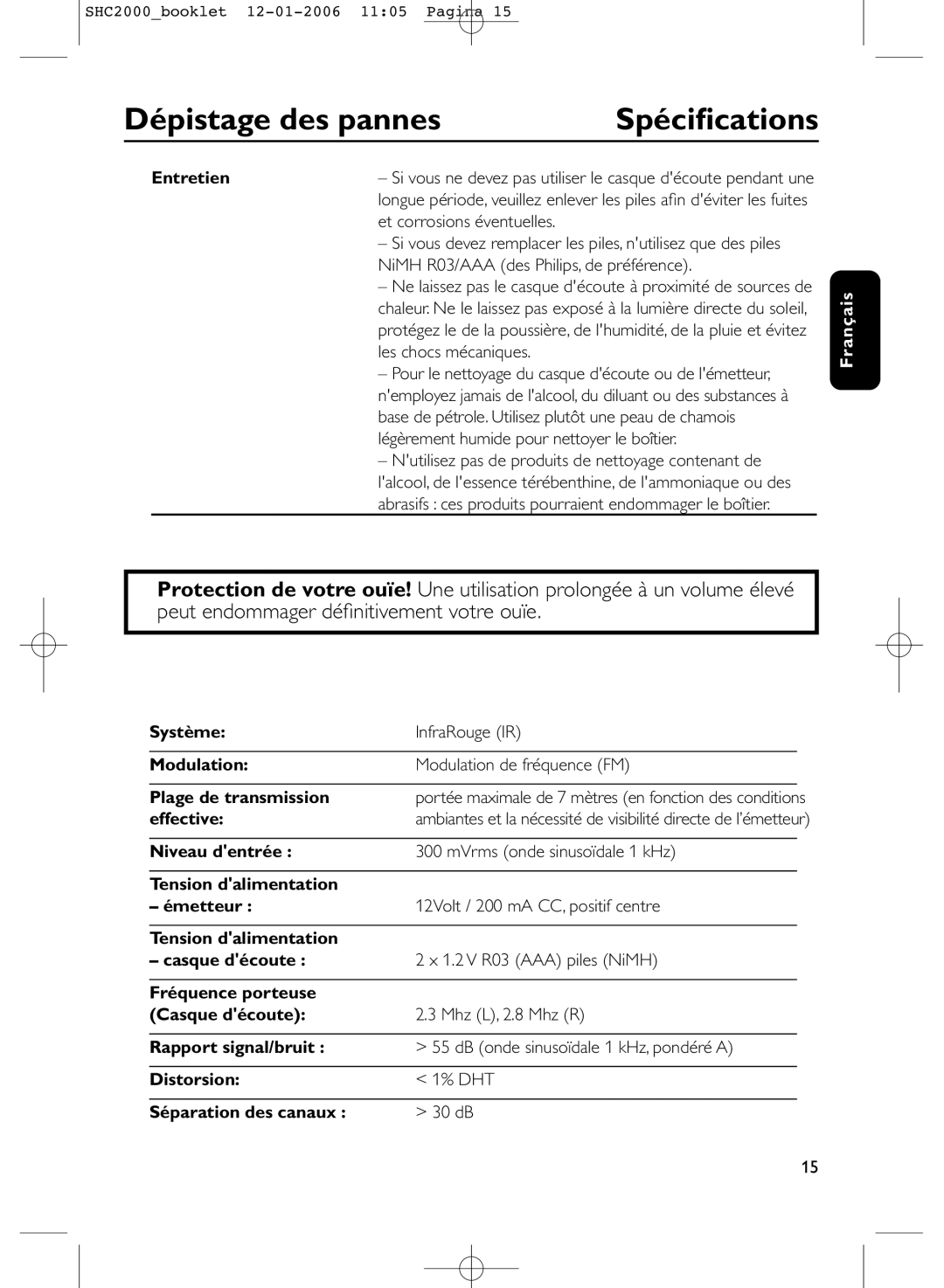 Philips SHC2000 manual Spéciﬁcations, Entretien, Et corrosions éventuelles, Effective 