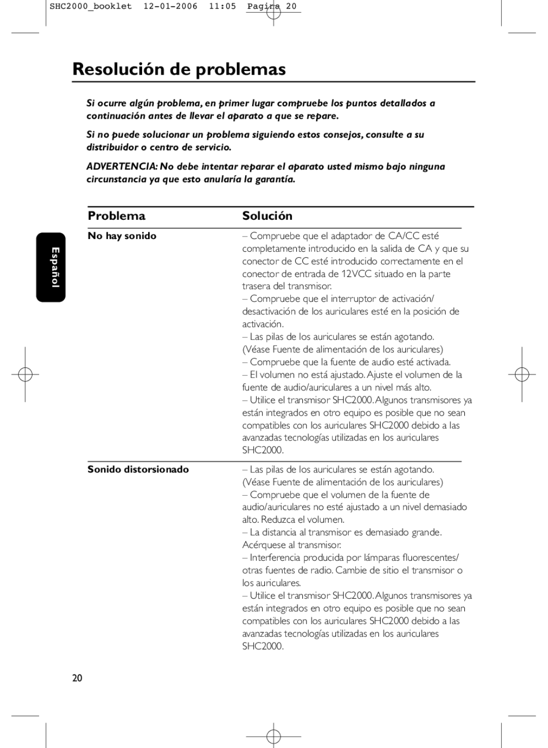 Philips SHC2000 manual Resolución de problemas, Problema Solución, No hay sonido, Sonido distorsionado 