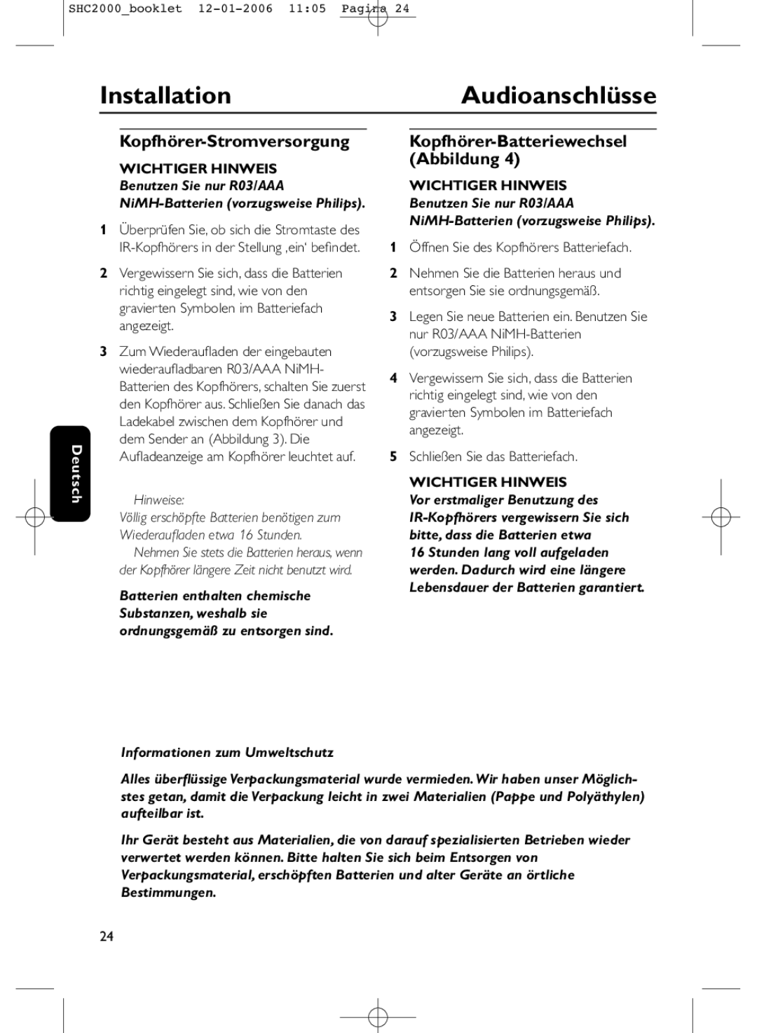 Philips SHC2000 manual InstallationAudioanschlüsse, Kopfhörer-Stromversorgung, Kopfhörer-Batteriewechsel Abbildung 