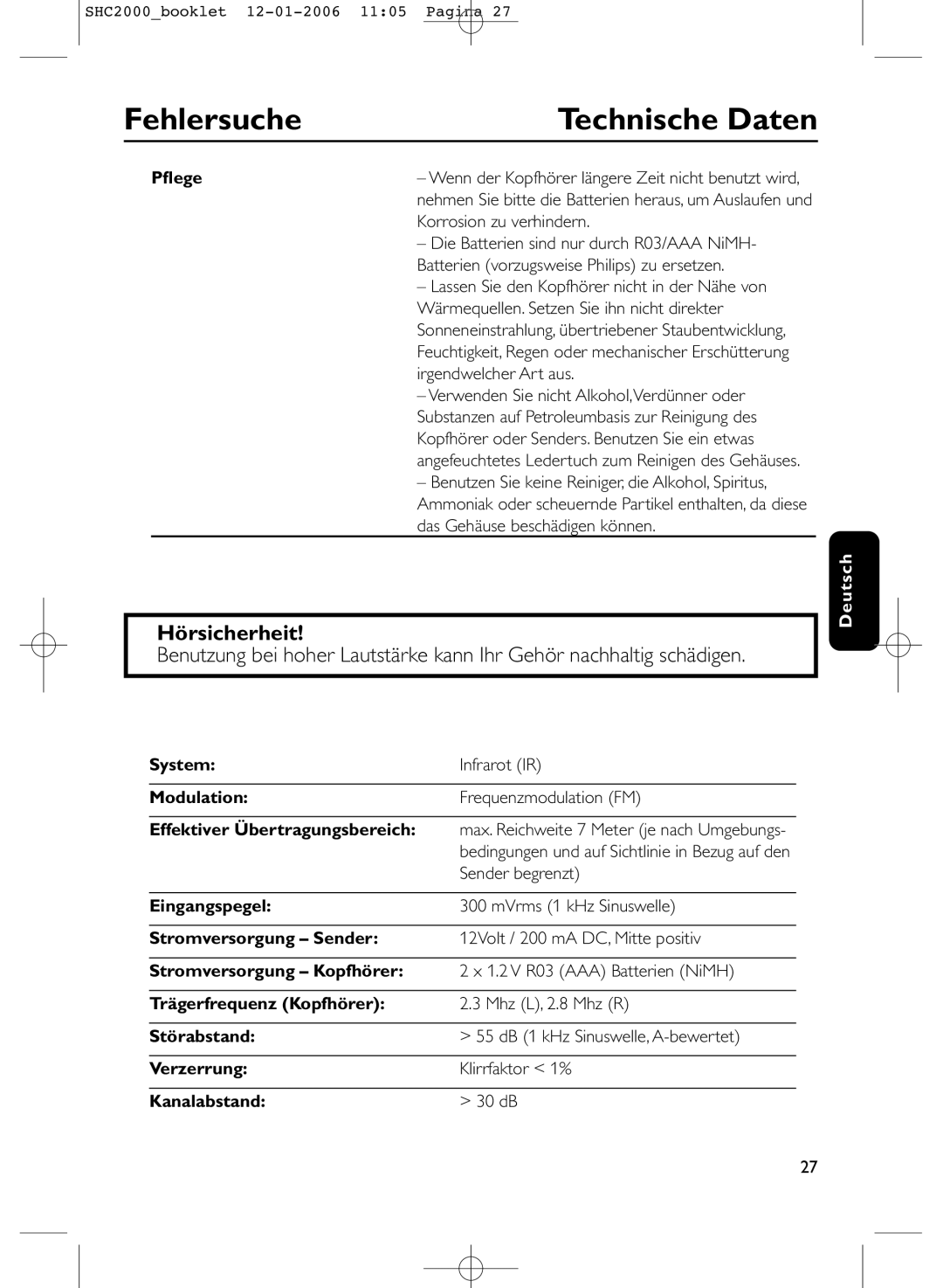 Philips SHC2000 manual Technische Daten, Hörsicherheit 