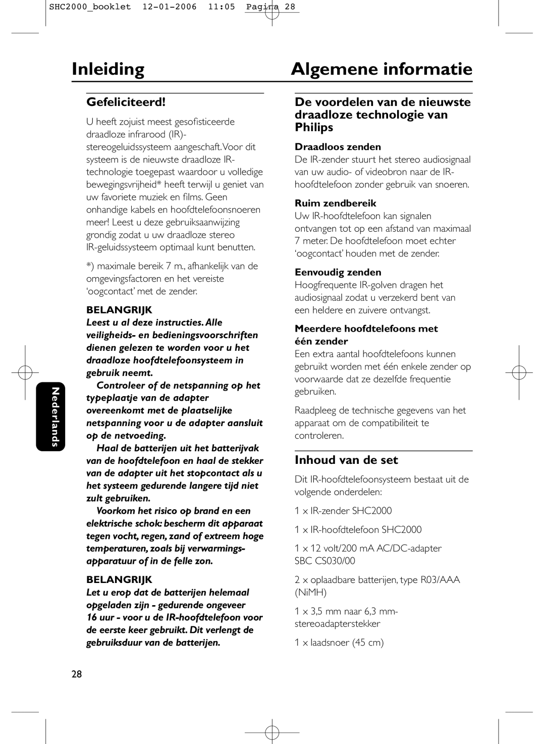 Philips SHC2000 manual Inleiding Algemene informatie, Gefeliciteerd, Inhoud van de set, Belangrijk 