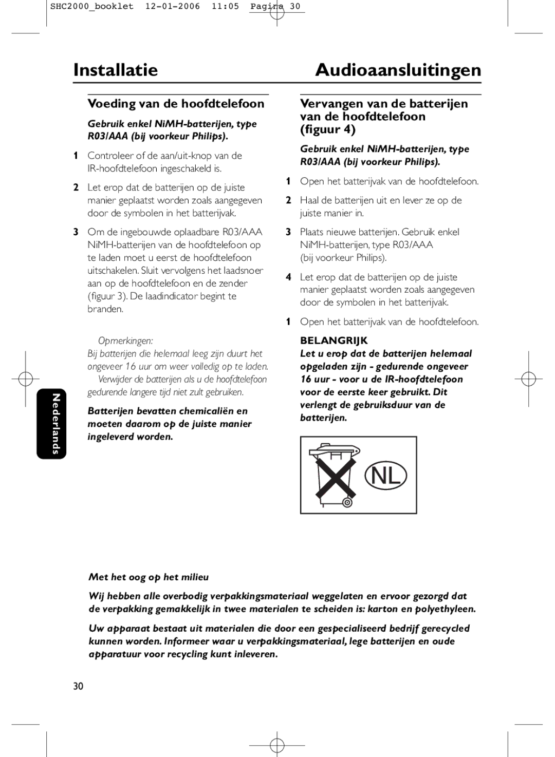 Philips SHC2000 manual InstallatieAudioaansluitingen, Voeding van de hoofdtelefoon, Bij voorkeur Philips 