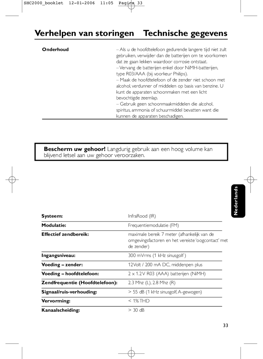 Philips SHC2000 manual Verhelpen van storingen Technische gegevens 