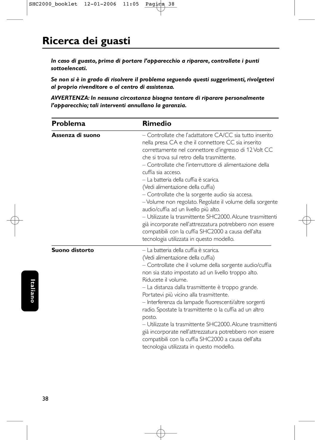 Philips SHC2000 manual Ricerca dei guasti, Problema Rimedio, Assenza di suono, Suono distorto 