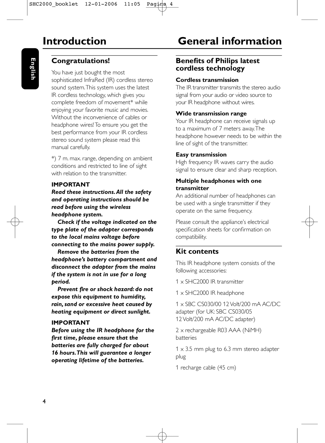 Philips SHC2000 manual Introduction General information, Congratulations, Kit contents 