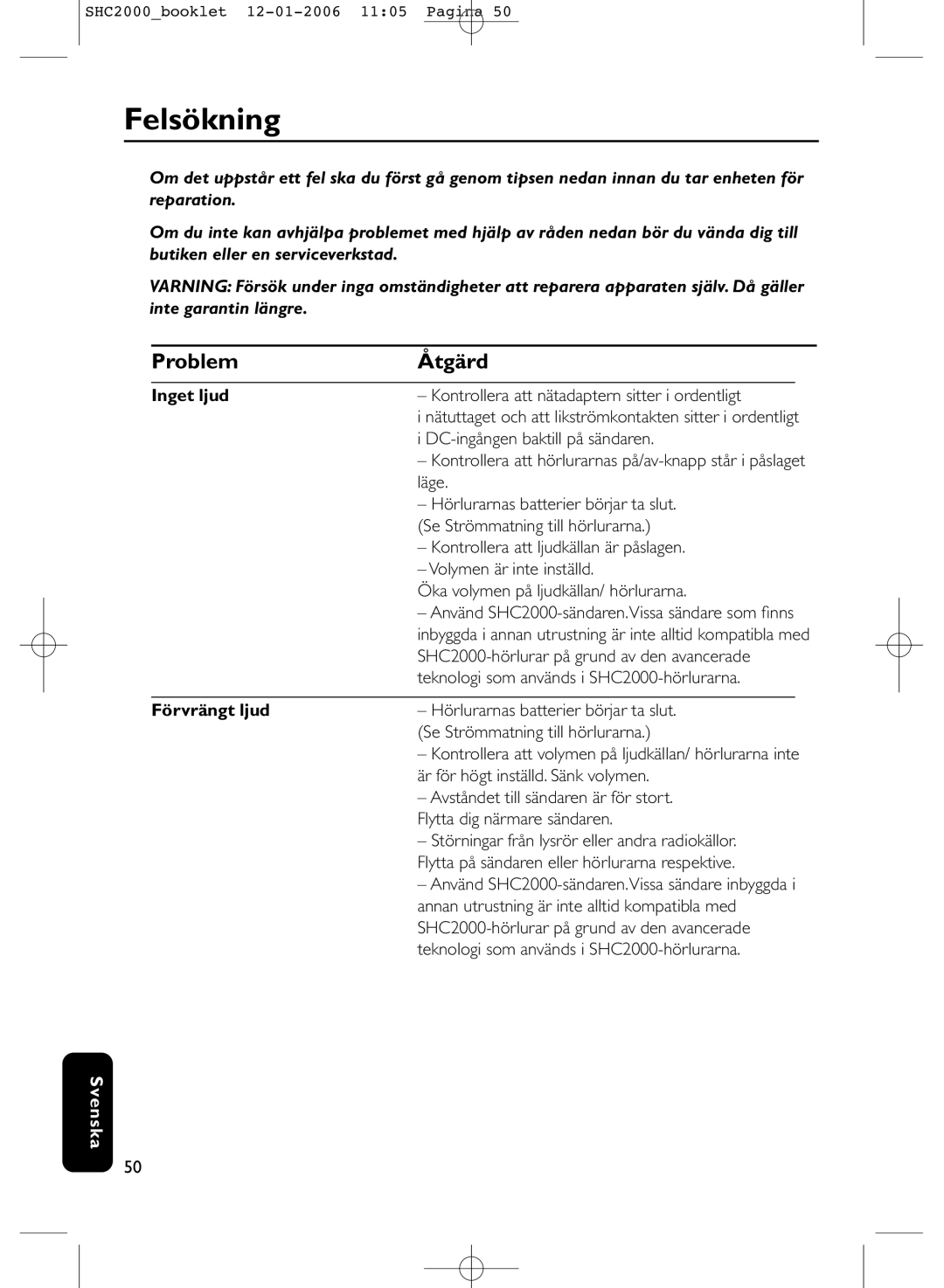 Philips SHC2000 manual Felsökning, Problem Åtgärd, Inget ljud, Förvrängt ljud 