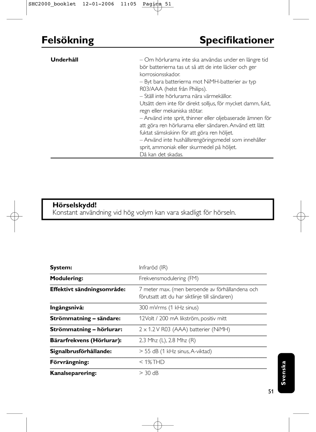 Philips SHC2000 manual Speciﬁkationer, Hörselskydd 